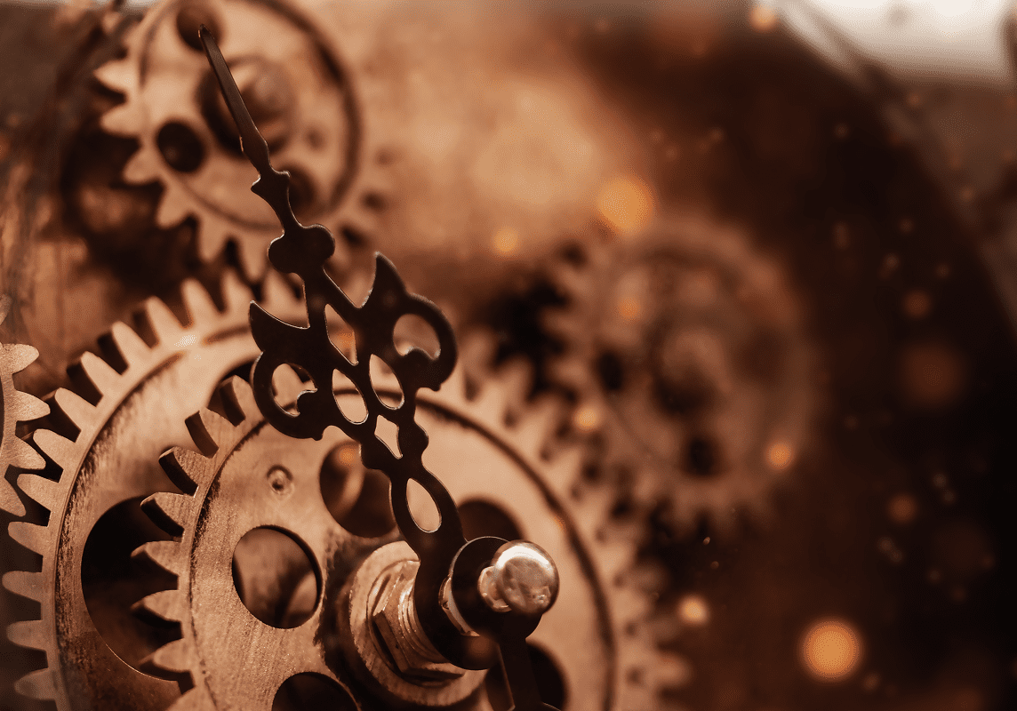Close-up of intricate clock gears and ornate clock hands, highlighting the mechanical details in a warm, sepia-toned light.